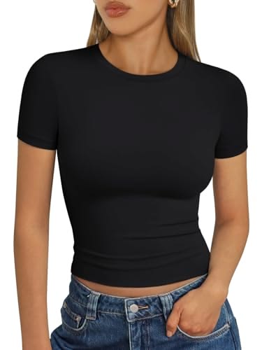 Women Basic T-Shirts Scoop Neck Short Sleeve Crop Tops Cute Summer Tops Slim Fit