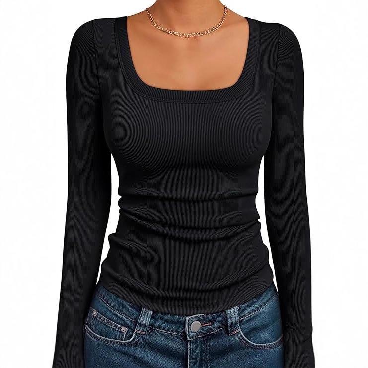 HOTOUCH Women's Long Sleeve Scoop Neck Shirts Casual Slim Fit Rib Knit Tops Summer Autumn Basic Business Work Tee Visit site