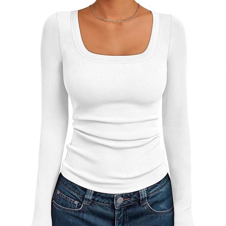 HOTOUCH Women's Long Sleeve Scoop Neck Shirts Casual Slim Fit Rib Knit Tops Summer Autumn Basic Business Work Tee Visit site
