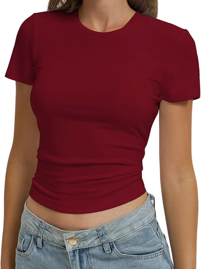 Women Basic T-Shirts Scoop Neck Short Sleeve Crop Tops Cute Summer Tops Slim Fit