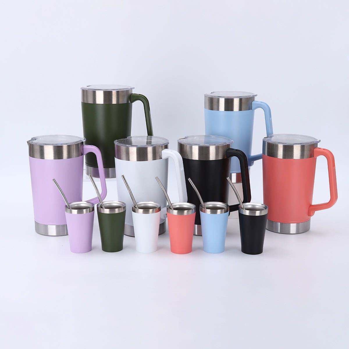 Large Capacity 1.9L/64oz+5oz Eco-Friendly Stainless Steel Vacuum Hot/Cold Tumbler Set Handle Lid for Camping Travel Business